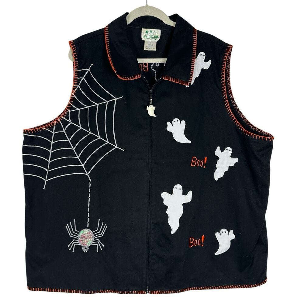 Vintage Quacker Factory Halloween Vest 3X Ghost Spider Web Boo Applique Black